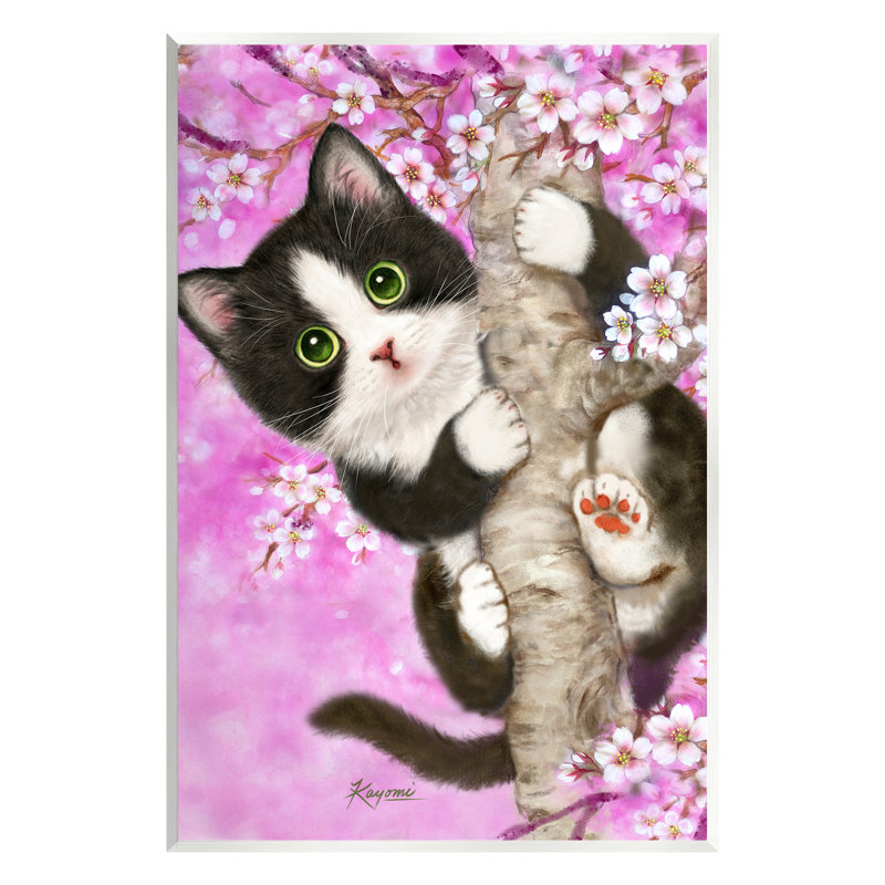 Chaton et fleurs de cerisier sur bois par Kayomi Harai, H 15 po x l 10 po