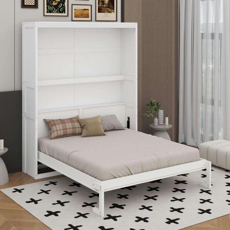 Lit escamotable mural avec tablettes Murphy, Blanc, Grand lit