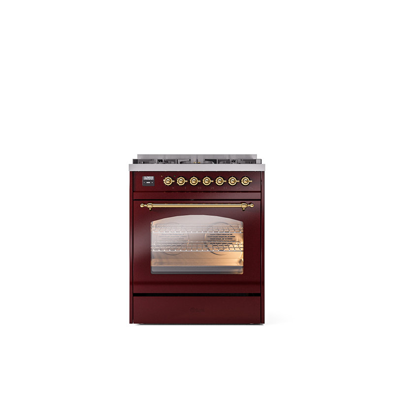 ILVE Nostalgie II 30 in Dual Fuel Range, Burgundy/Brass, Liquid Propane