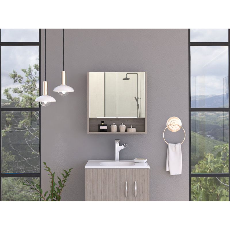 Armoire à miroir Jaspe, trois tablettes internes, une tablette ouverte, armoire à deux portes - noir, Beige