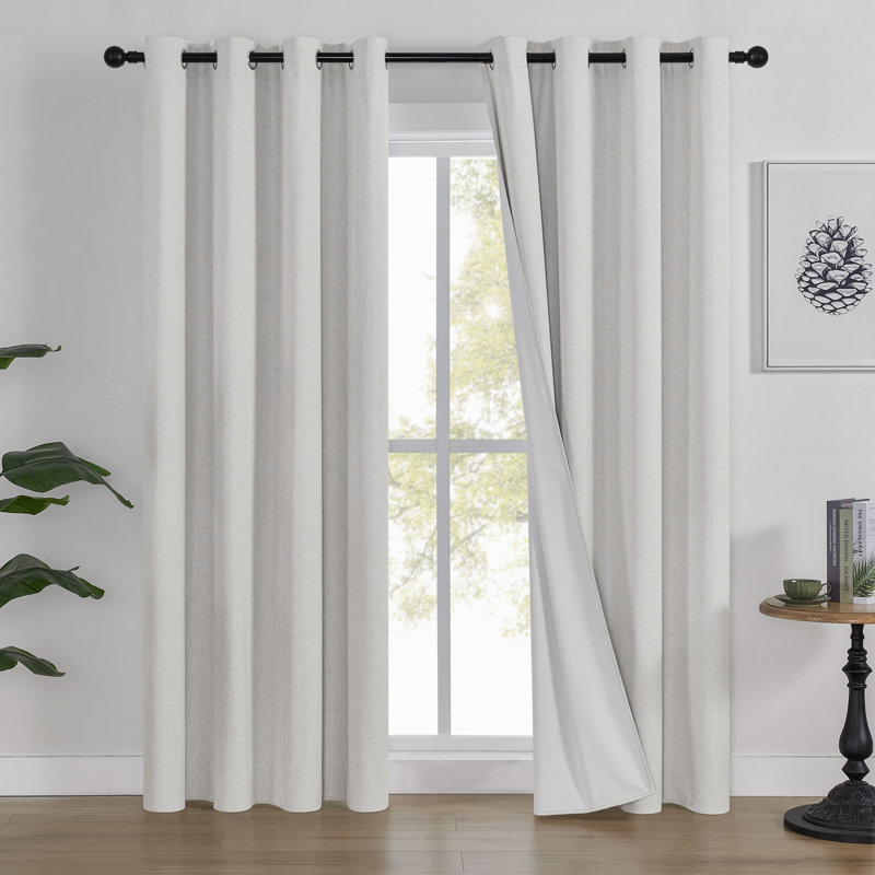 Leming 100% Waterproof and Blackout Solid Color Polyester Linen Textured Grommets Curtains Panel(Set of 2), Ivory