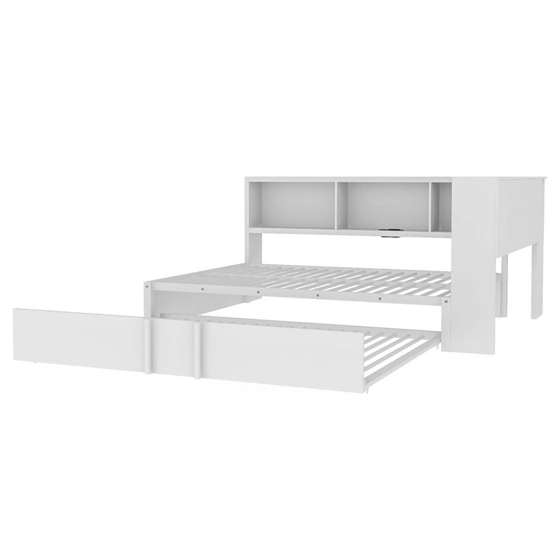 Metal Daybed With Trundle,Storage Cabinets And USB Ports, White