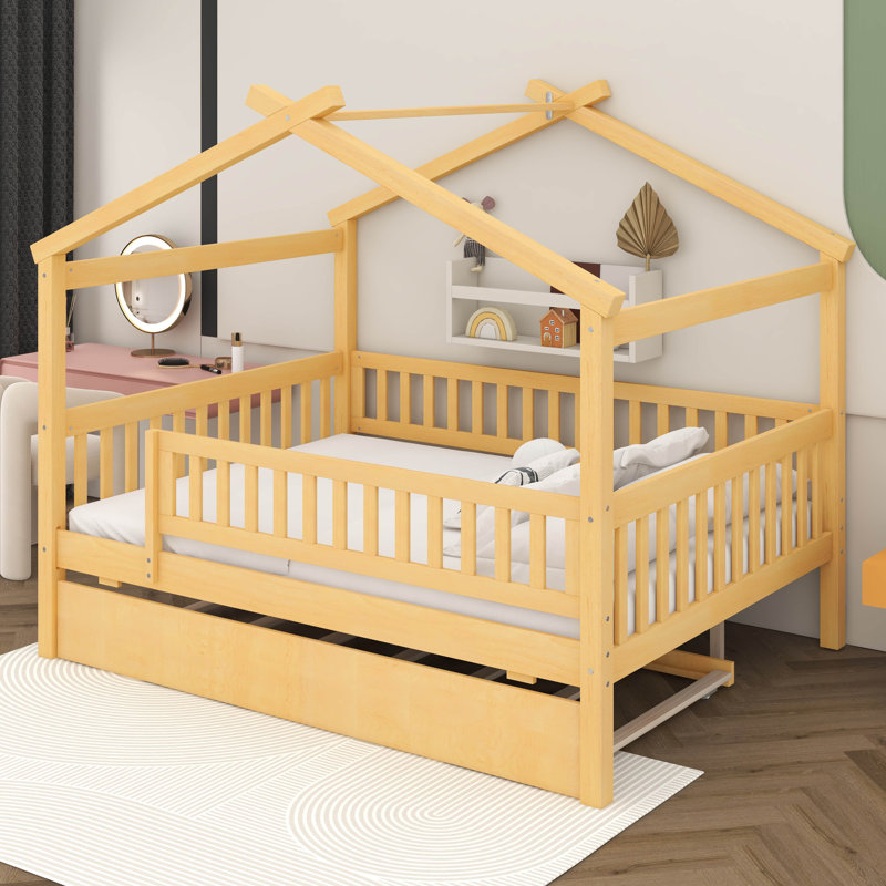 Full Size Wooden House Bed With Twin Size Trundle, Wood Bed Frame With Roof And Safety Guardrail For Kids, Teens, Boys Or Girls