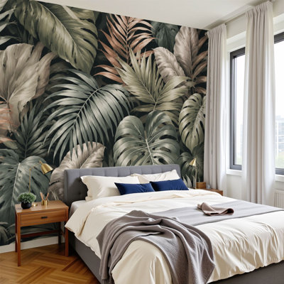 Papier peint à peler et coller feuilles murales tropicales feutrées, vert, beige, foncé, élégantes, peintures murales murales, H 100 po x l 144 po, papier peint amovible en PVC, autocollant, pour chambre à coucher, bureau à domicile