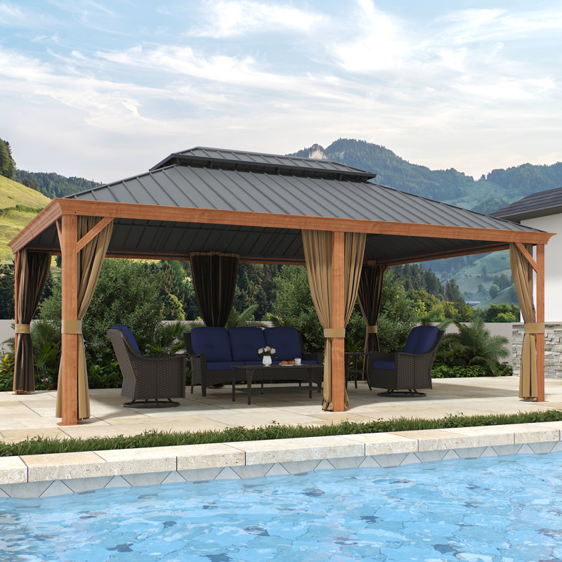 12ft x 22ft Hardtop Gazebo with Netting and Curtains, Heavy Duty Outdoor Pavilion with Aluminum Frame & Double Galvanized Steel Roof for Patio, Backyard, Deck & Lawn