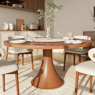 Ensemble de table de salle à manger ronde en bois massif avec plateau tournant en pierre (1 table 4/6 chaises)