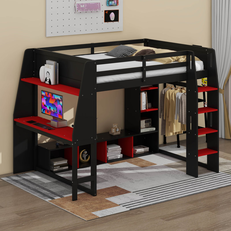 Lit mezzanine double en bois avec bureau, étagères à rangement multiples, DEL et portemanteau suspendu