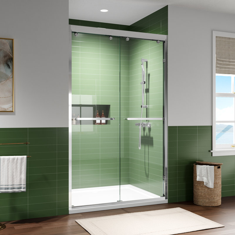 Porte de douche coulissante double demi-cadre l 44 à 48 po x H 75 po avec verre trempé transparent de 5/16 po (8 mm), Chrome