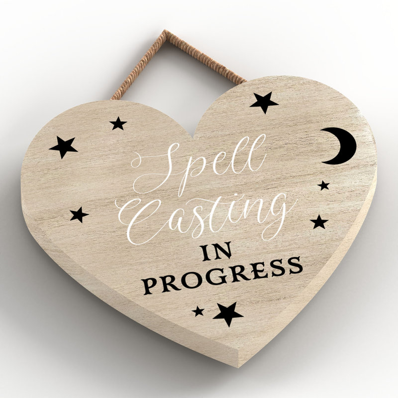 Witch Spell Casting Wooden Heart Plaque, Brown, 10cm H x 9cm W x 0.5cm D