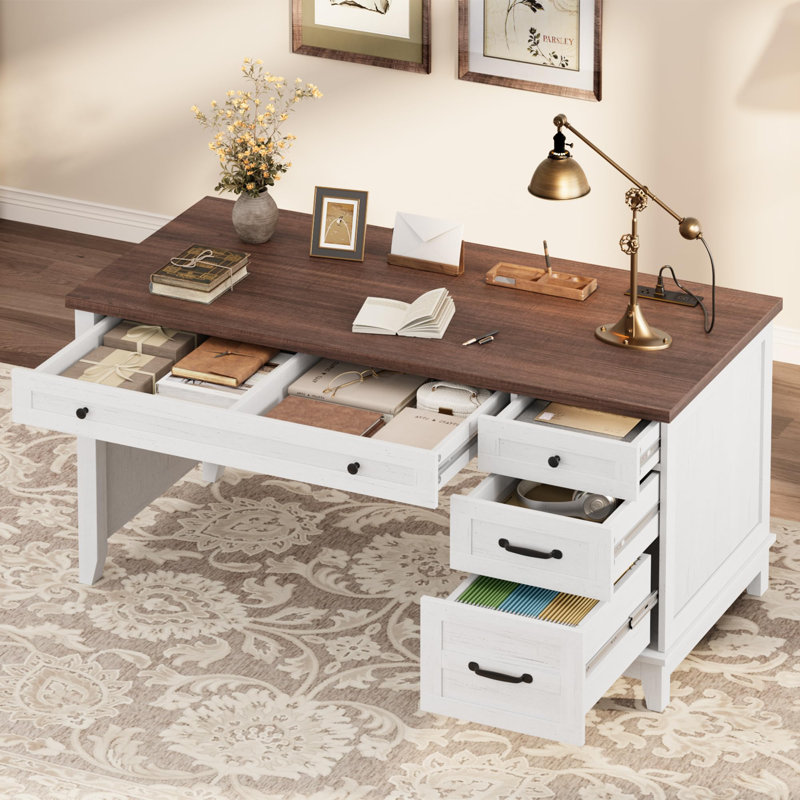 53.54" Wooden Computer Desk with Drawers for Work Study, White