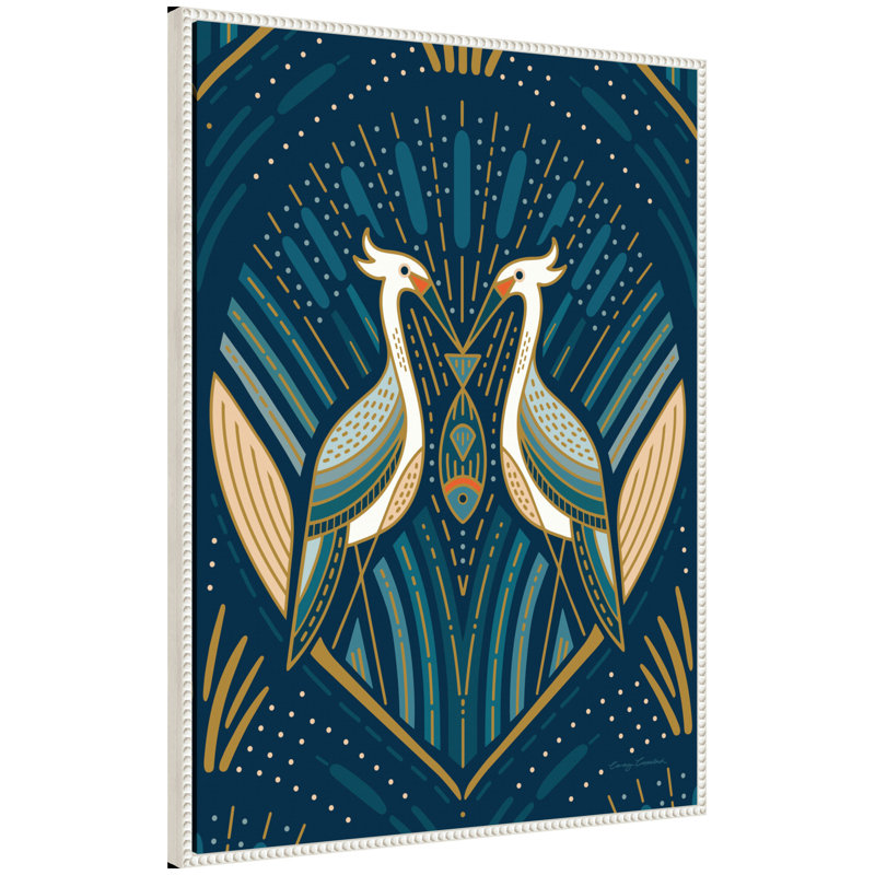 "Art Deco Herons Blue" par Carey Copeland, reproduction d'art sur toile encadrée, Blanc
