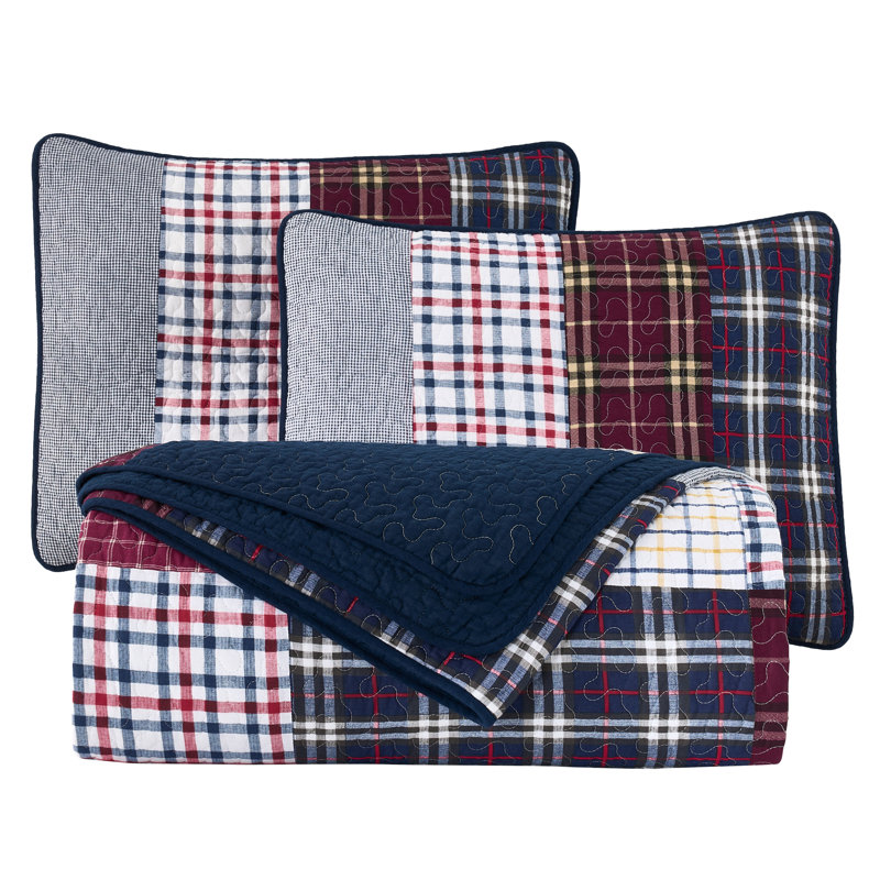 Checkered Patchwork Cotton Quilt Set, Queen Quilt + 2 Shams
