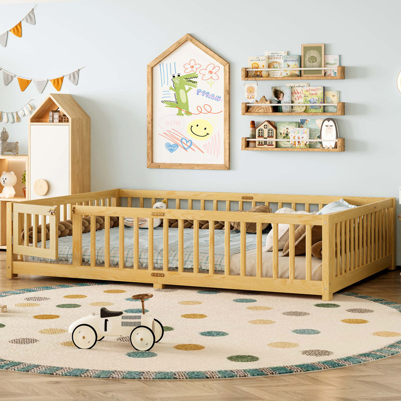 Lit double sur pied avec barrières de sécurité et porte pour enfants, gris, Grand lit, Naturel