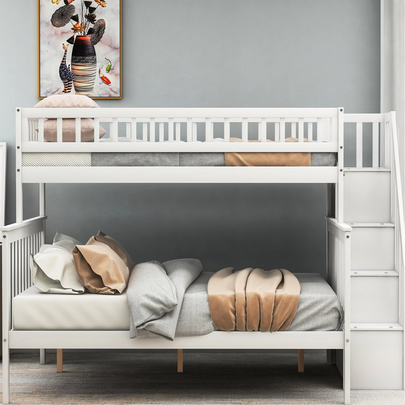 Lit simple superposé au dessus d'un lit double en pin massif avec tablette, blanc - pour un rangement efficace
