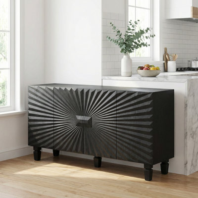 Modern Buffet Sideboard with Radiating Door Design, Solid Wood Legs, and Black Finish for Kitchen, Dining, and Living Room Storage