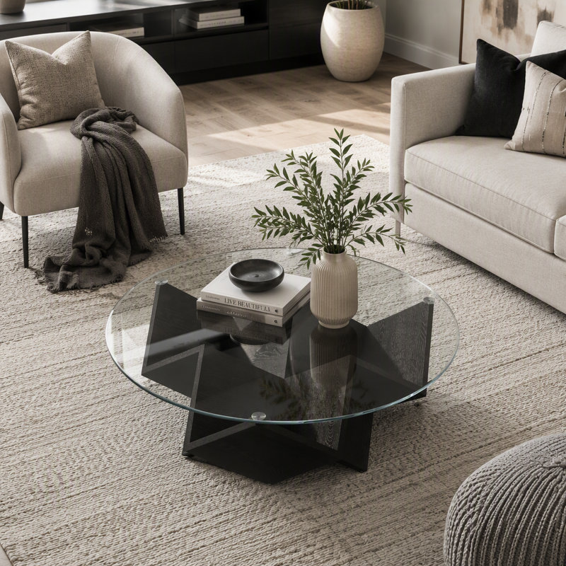 Table basse ronde avec piètement Art déco, dessus en verre et tablettes de rangement, Transparent / noir
