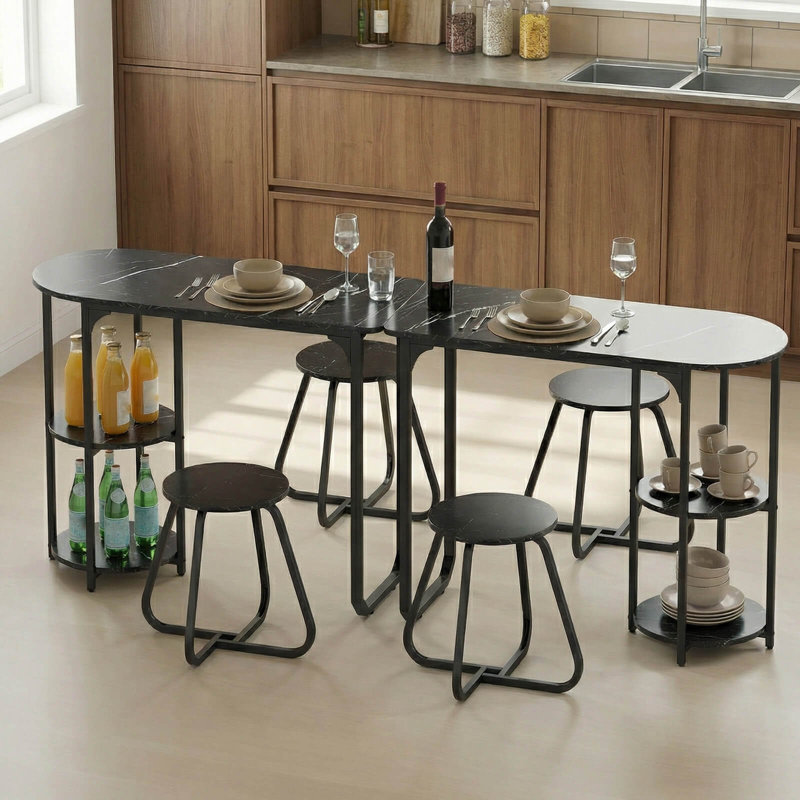 Rectangular Kitchen Table & 2 Stools with 2-tier Storage Shelves & Metal Legs Black