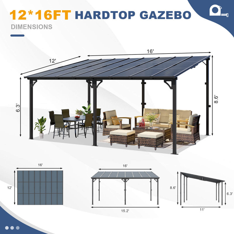 16 ft. x 12 ft. Black Aluminum Hard-Top Solar Gazebo