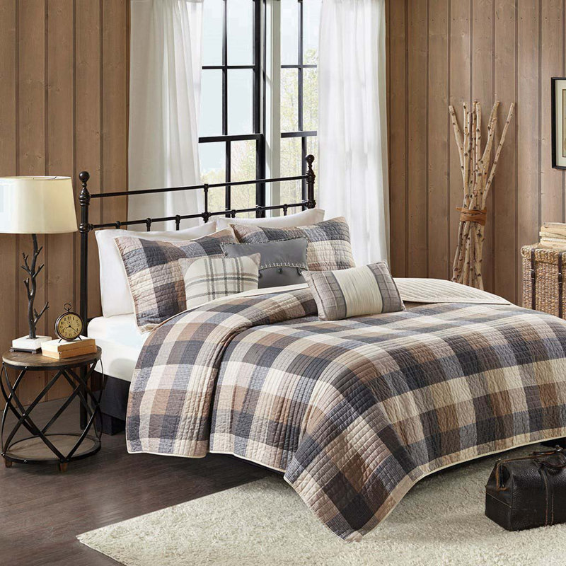 6 Piece Printed Herringbone Quilt Set With Throw Pillows Neutral, Full/Queen Quilt + 2 Standard Pillow Shams