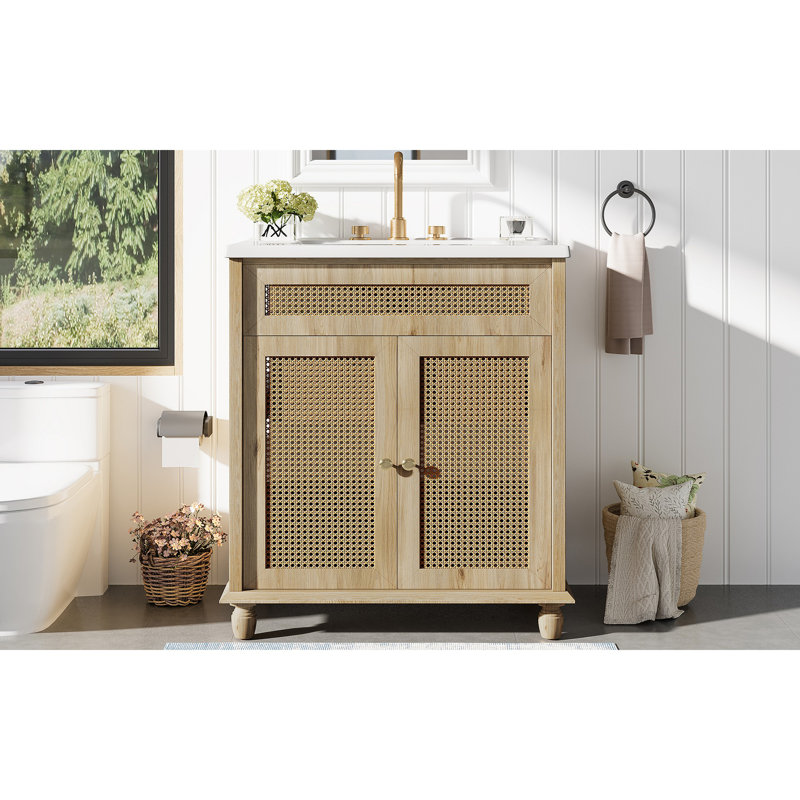 30-Inch Bathroom Vanity: Handwoven Rattan Doors, Solid Wood Legs & Resin Basin