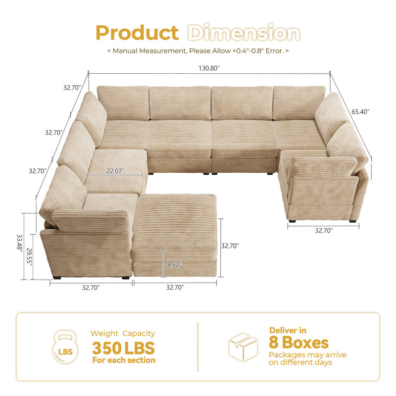 Modular U-Shaped Corduroy Sectional Sofa with Ottoman