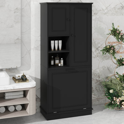 Grande armoire de rangement avec panier rabattable, tablettes réglables et 2 portes - Armoire de plancher autoportante avec poignées en alliage d'aluminium pour la salle de bain, organisateur de bureau de salon