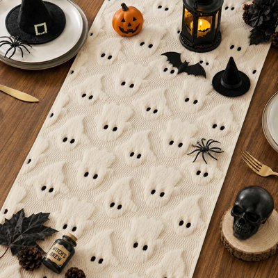 Halloween Table Runner 13x120 Inch Soft Plush Faux Fur Jacquard Beige Ghost Table Runner Holiday Kitchen Dining Table Decoration for Home Party Decor