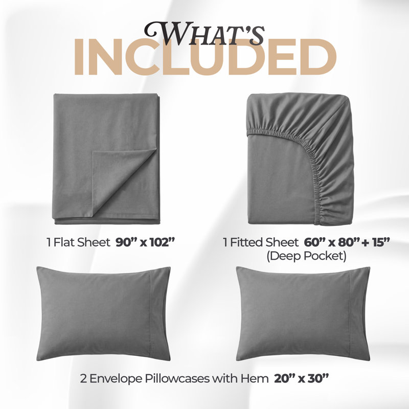 Ensemble de draps 4 pièces Beddora, Ensemble de draps pour grand lit avec 2 taies d'or, Gris