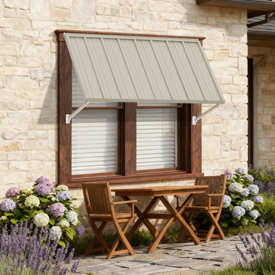 Kozyard Adjustable Door Window Awning – 4-Level Tilt, 55" W × 32" Sloped Panel, Adjustable Projection 22"–31", Aluminum Frame & Metal Canopy, All-Weather Rain, Snow & UV Protection (Khaki)