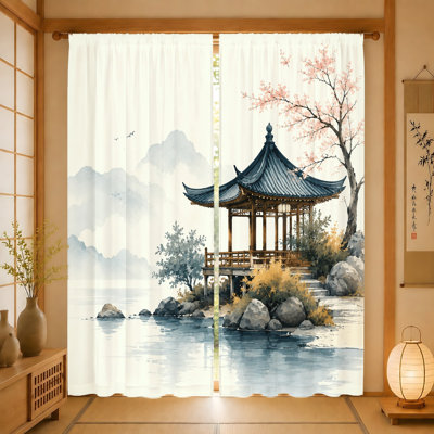 2Pcs Artistic Japanese Pavilion Curtains, Light Filtering Fabric, Scenic Water Landscape and Cherry Blossom Tree Print, Rod Pocket Design for Living Room, Bedroom, Balcony, Kitchen Home Decor