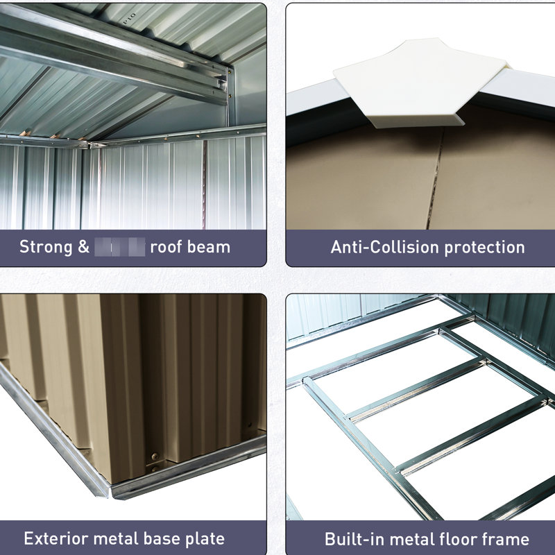 Remise extérieure en métal 8 pi x 10 pi avec structure en fer galvanisé gris, fenêtre, évents perforés pour une meilleure circulation de l'air, portes coulissantes et cadenas pour une ventilation, une porte et des ancrages faciles à construire