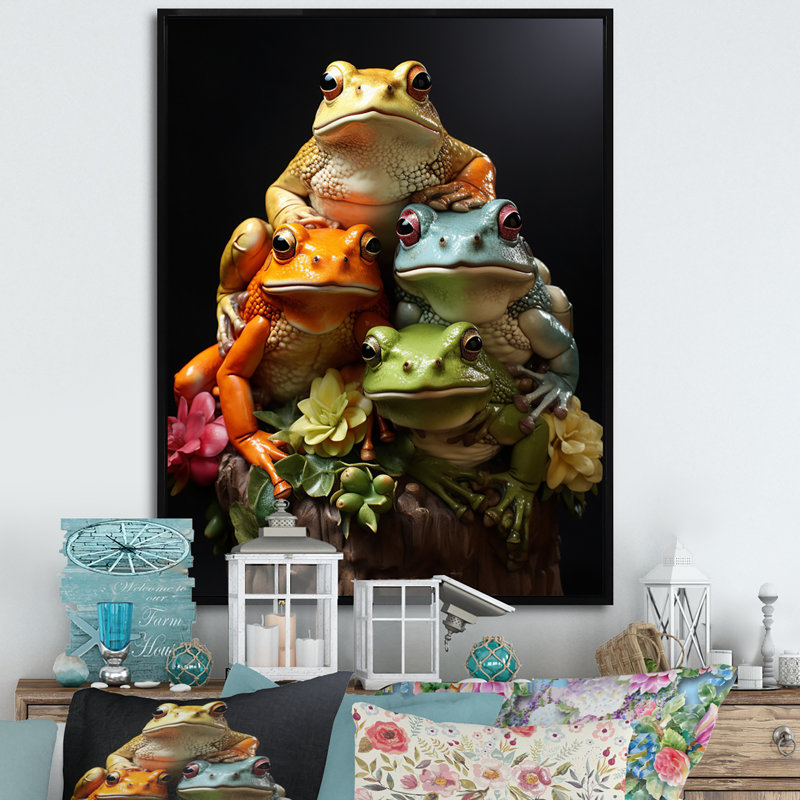 Animal Frog Family I, reproduction d'art sur toile, H 32 po x l 16 po x P 1 po, Cadre noir