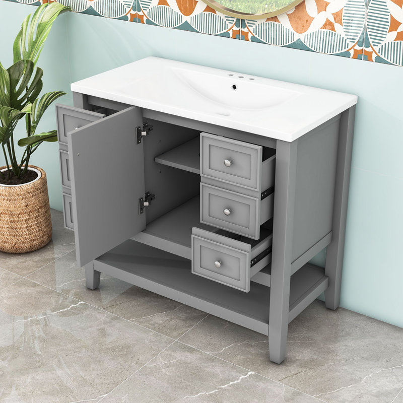 Meuble-lavabo simple en bois Volotta avec lavabo en céramique et rangement multifonctionnel, Gris