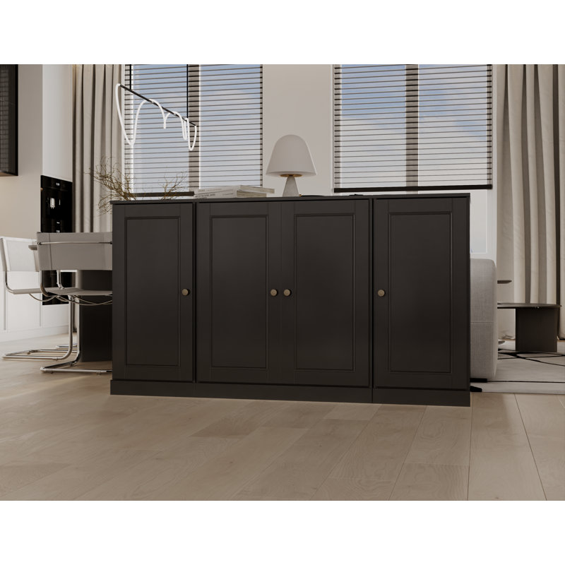 Buffet 100% bois massif 65 "avec portes solides, 2 tiroirs et tablettes réglables, Noir, noir, noir, noir