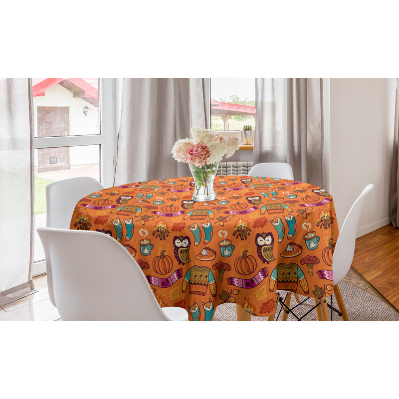 Ambesonne Autumn Round Tablecloth, Seasonal Items Pumpkin Bonfire Owls Doodle Themed Fall Season Print, Circle Table Cloth Cover For Dining Room Kitchen Decoration, 60", Burnt Sienna And Multicolor