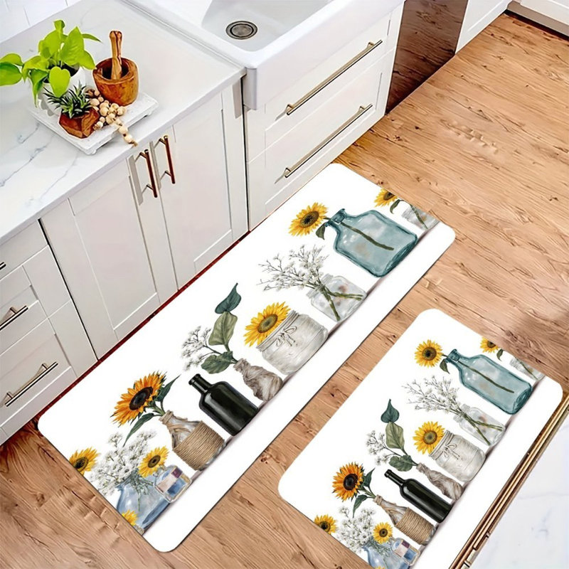 Sunflower In Vase, Kitchen Mats Set Of 2, White/Yellow Floral