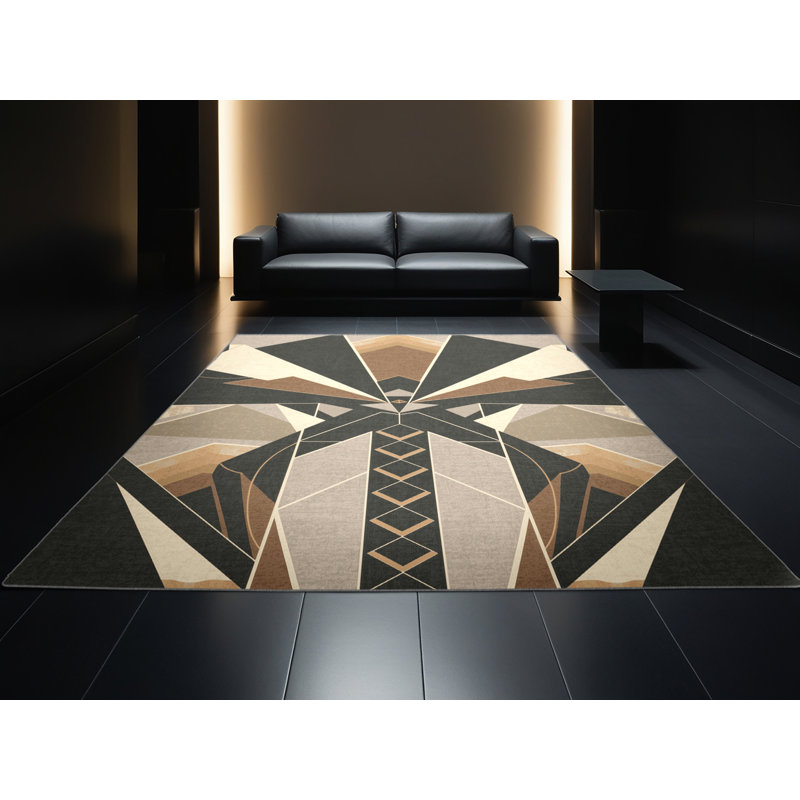 Machine Washable Ortencia Travelers Palm Art Deco Geometric Shapes Rug in Brown –  Binding, 3' Round