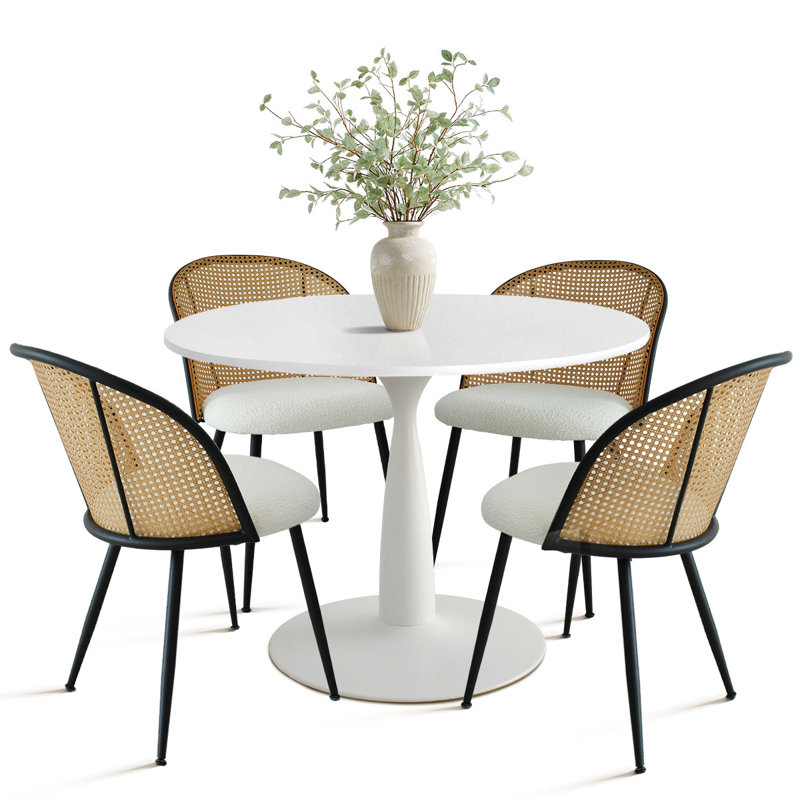 Birchard 4 - Person Dining Table Sets With 35'' Round Table & 4 Upholstered Rattan Chairs