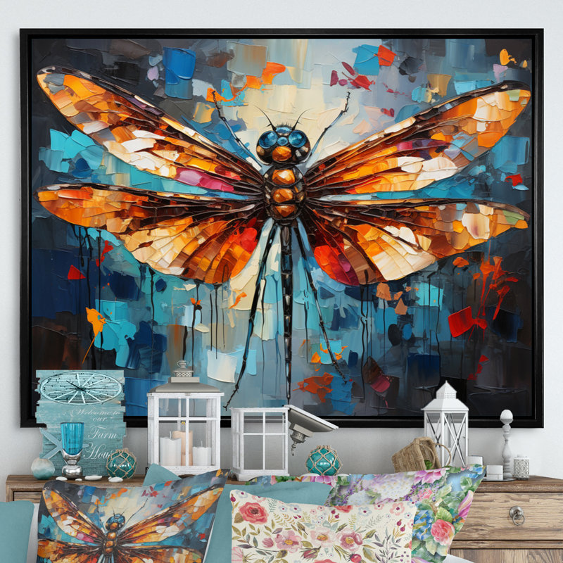 «Orange Dragonfly insectes Flight Collage II», reproduction sur toile, H 12 po x l 20 po x P 1 po, Cadre flottant noir