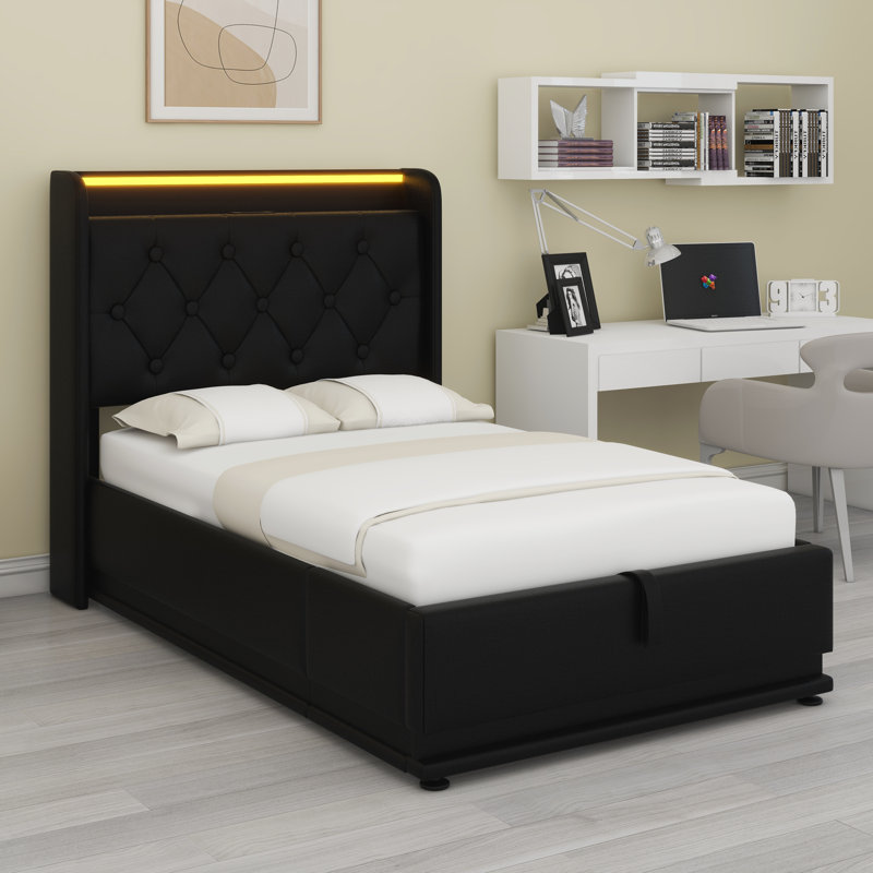 Base de lit simple avec rangement surélevé avec 360 lumières DEL, boutons, applications ou télécommande, charge USB Type-C, tête de lit tapissier