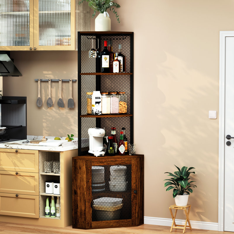 65" Corner Cabinet With Shelves & Wine Glass Rack, 6 Tier Freestanding Shelf, Space Saving For Living Room, Kitchen Rustic Brown Bookshelf Holder, Storage Office