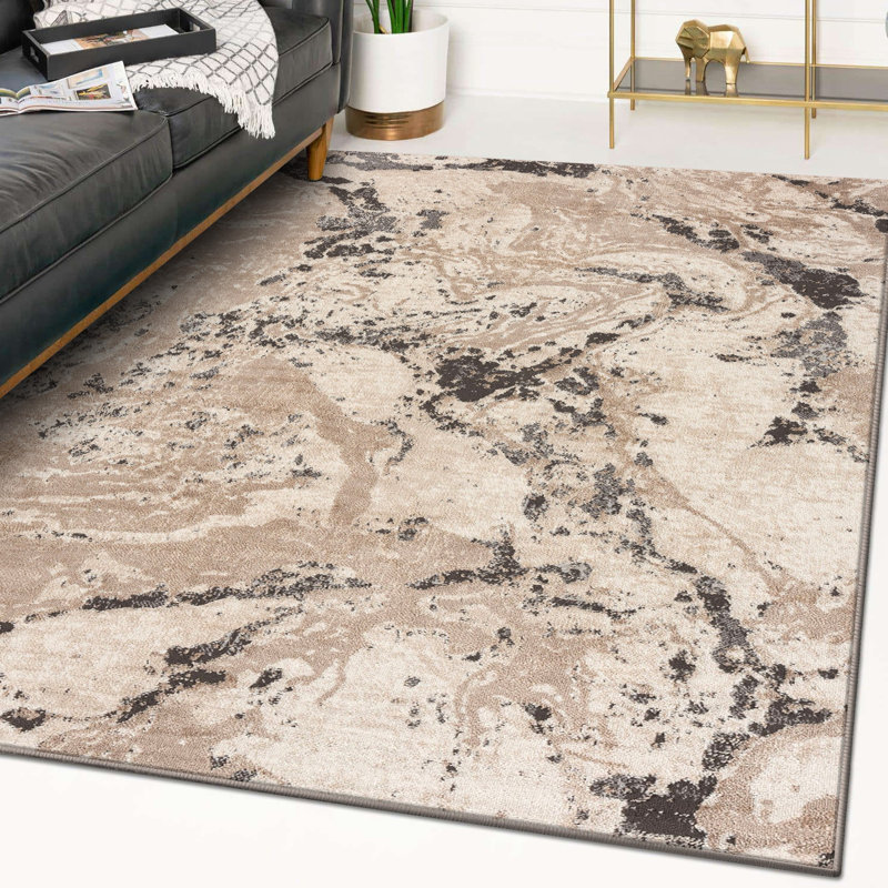 Tapis abstrait en polypropylène tissé à la machine en beige, Rectangle 8 pi x 10 pi