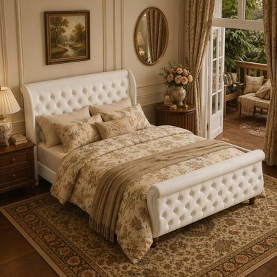 Lit plateforme Queen en velours capitonné avec tête et pied de lit incurvés et sommier à lattes en bois, beige