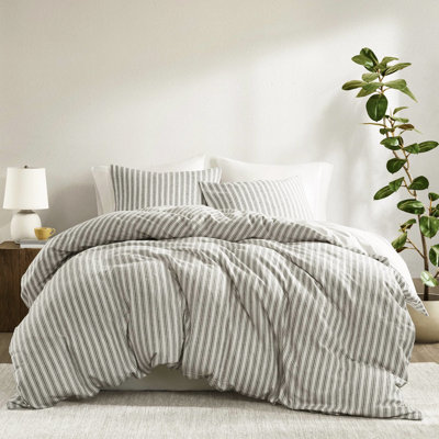 Tan 3 Piece Queen Duvet , Natural Blend For Breathable Bedding, Linen Texture, All - Season Sleep Pcs In Tan, Soft Cotton Rayon , Comfortable Timeless Stripe Design