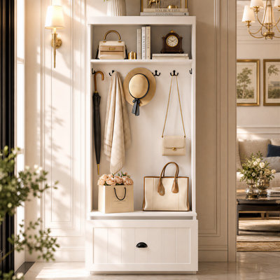 27.7" W Hall Tree with Bench, 6 Hooks, Large Drawer and Top Shelf for Entryway Storage