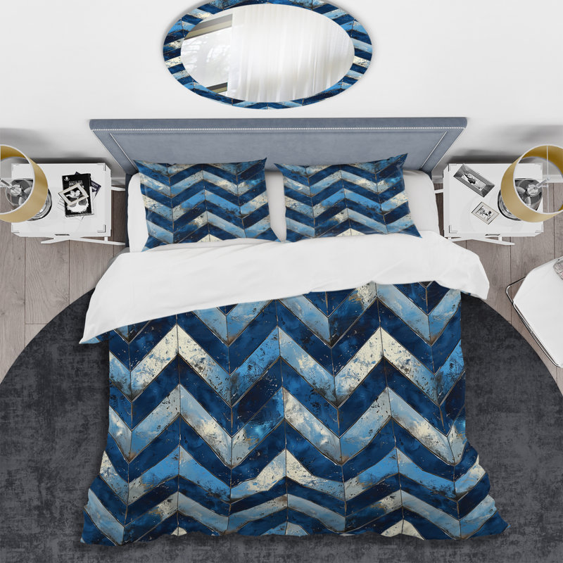 Ensemble de housse de couette moderne à chevrons bleu et blanc I, Housse de couette simple et deux taies décorative