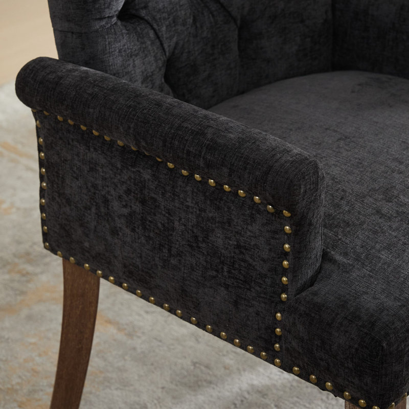 Chaise de salle à manger rembourrée en tissu de chenille, pieds courbés en bois massif, élégante chaise de salle à manger capitonnée pour salle à manger, paquet simple, noir