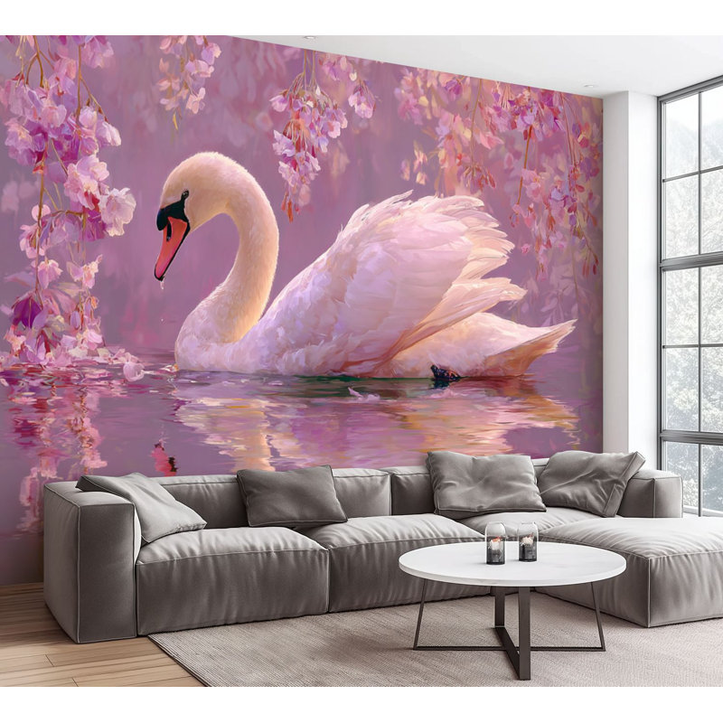 Papier peint adhésif peler et coller rose Swan Elegant Lake Lake