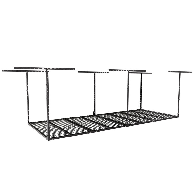 8ft x 3ft Overhead Garage Storage Rack - Adjustable Ceiling Mounted Garage Ceiling Storage, 600LBS Weight Capacity, 22"-42" Dropdown, Grid Design Prevents Small Items from Falling, Hammertone Black