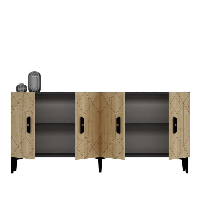 Console moderne Catena, chêne anthracite et saphir, panneau de particules enduit 100% mélamine, tablettes multiples, fixation murale, conception géométrique | Parfait pour le salon et le vestibule